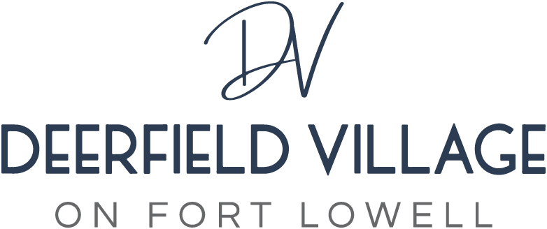 A logo with the text "Deerfield Village on Fort Lowell" in white on a black background.